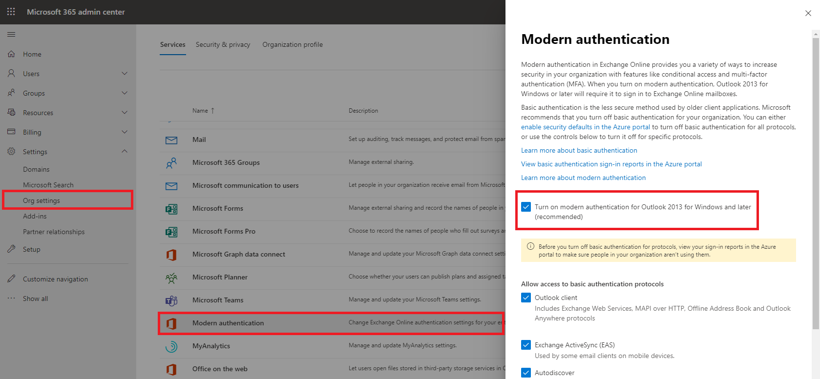 office 365 modern authentication